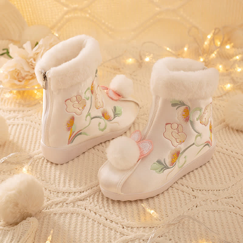 Bottes en peluche avec broderies vintage en forme de lapin 