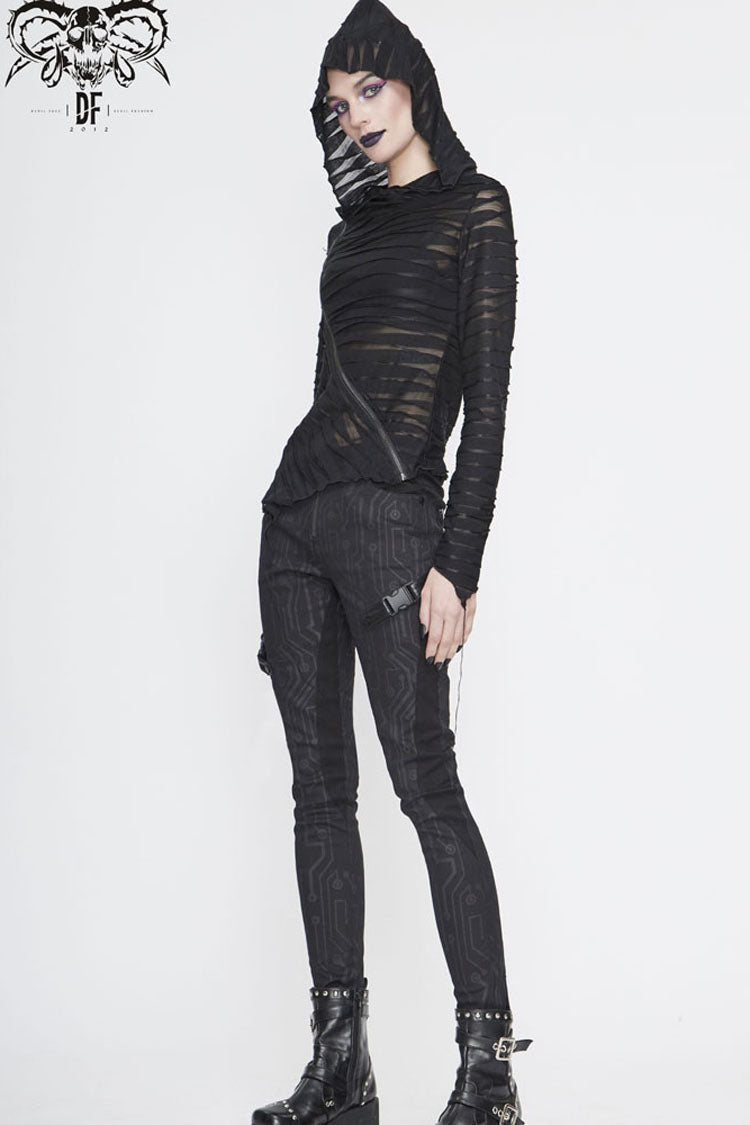 Women's Punk Shirt with Hooded Twisted Knit Slanted Zip Asymmetric Hem