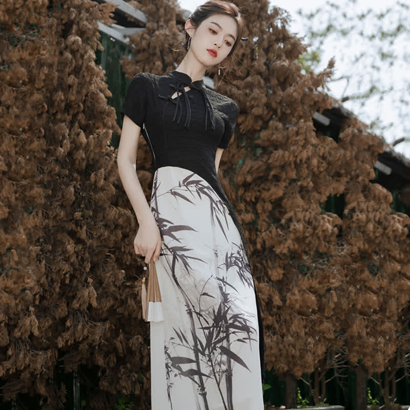 Unregelmäßiges Cheongsam-Kleid mit Vintage-Bambusdruck und Schnalle