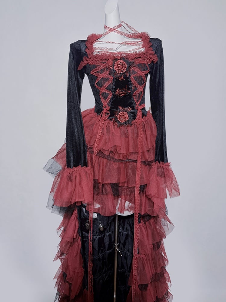 Gothic Black and Red Lace Hem Tiered High-Low Skirt