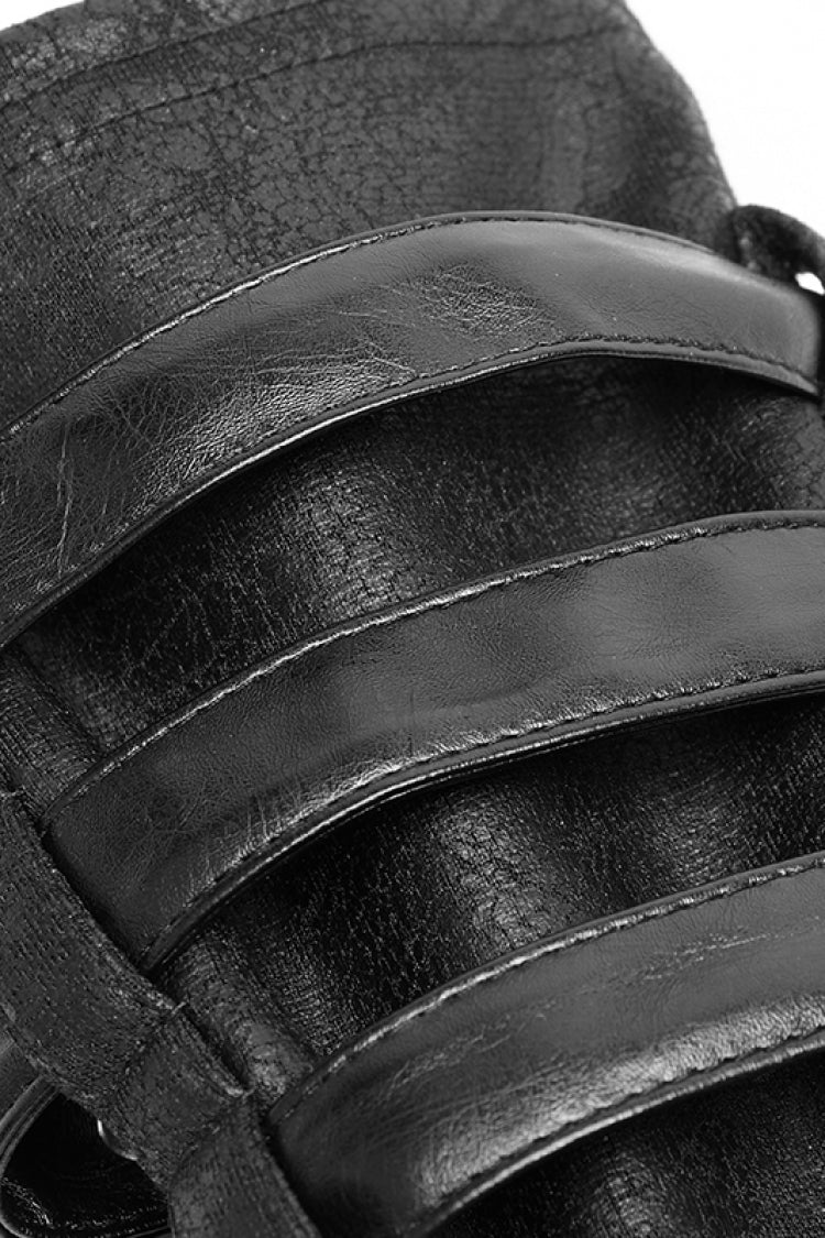 Men's Steampunk Gloves with Metal Rivet Buckle in Black Faux Leather