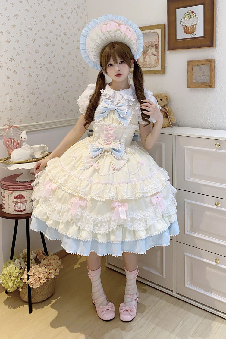 Fondant Cake Sleeveless Layered Ruffle Bow Lace Sweet Lolita JSK in Yellow Blue