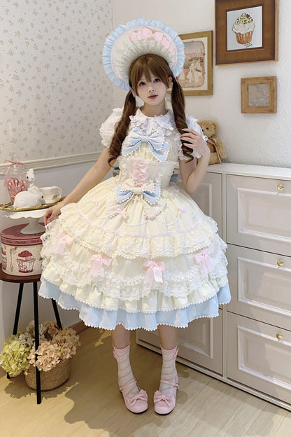 Fondant Cake Sleeveless Layered Ruffle Bow Lace Sweet Lolita JSK in Yellow Blue