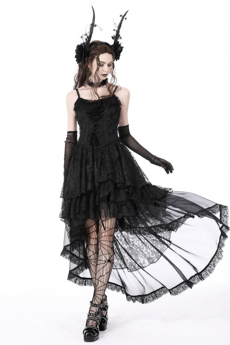 High-Low Multi-Layer Lace Gothic Slip Dress with Lacing - NoirEdge