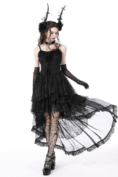 High-Low Multi-Layer Lace Gothic Slip Dress with Lacing - NoirEdge