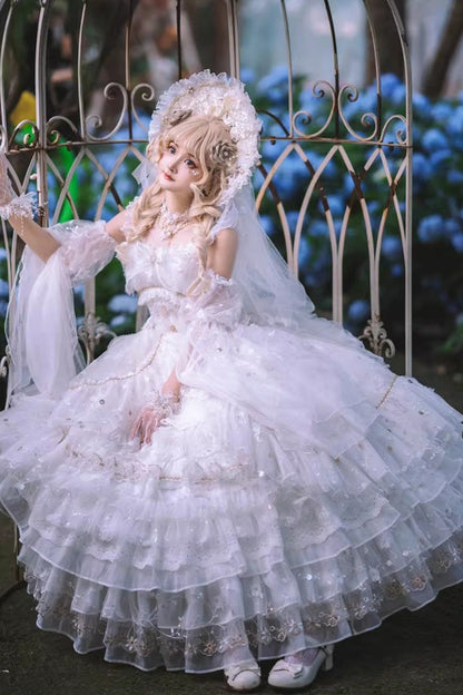 White Dreamy Waltz Sleeveless Layered Ruffle Lace Gothic JSK