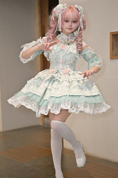 Emerald Rain of Peaches Sleeveless Bowknot Lace Chinese Lolita JSK