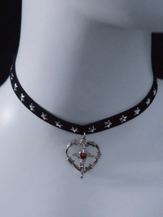 Cross Heart Pendant Black Stars Choker