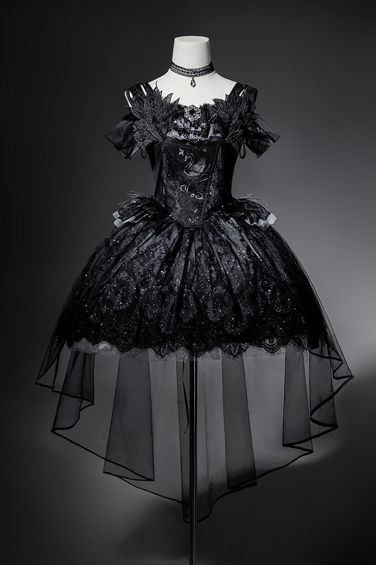 Ruffled Embroidery Gothic JSK Dress with Bow and Lace - Star Swan Dream