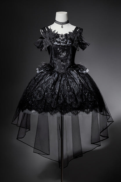 Ruffled Embroidery Gothic JSK Dress with Bow and Lace - Star Swan Dream