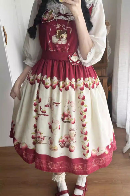 Apple Basket Sleeveless Printed Bow Sweet Lolita JSK Dress