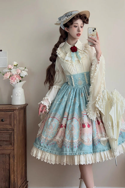 Ruffle-Embroidered Palace Skirt with Lace and Print