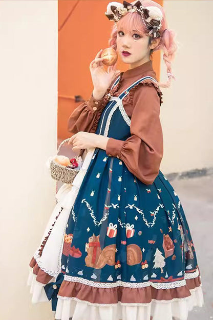 Festive Christmas Print Ruffled Bow Princess Style Jumper Dress