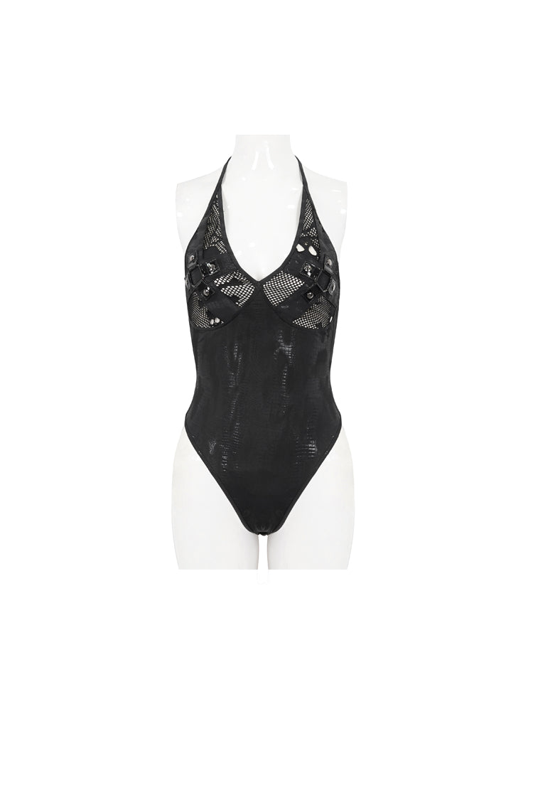 Gothic One-Piece Swimsuit with Skull Print and Sheer Mesh