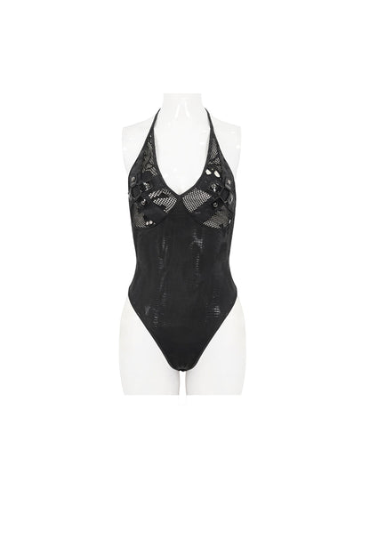 Gothic One-Piece Swimsuit with Skull Print and Sheer Mesh