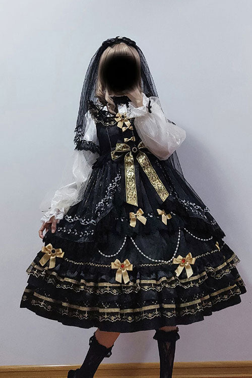 Black Hanayome Sweet Lolita JSK with Bow and Multi-Layer Ruffles