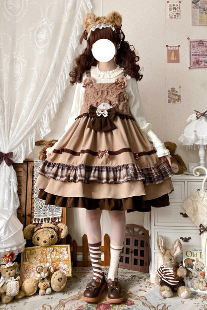Brown Sweet Lolita Triple-Layered Ruffle Bowknot Strap Dress