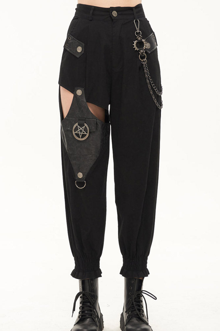 Womens Long Pants with Chain Accents and Leather Trim