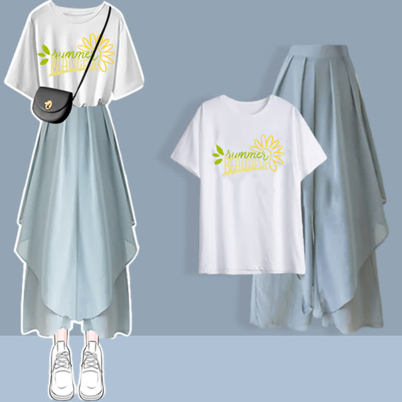 Sommerliches Set aus T-Shirt mit Aufdruck und Chiffonhose mit weitem Bein in Blau