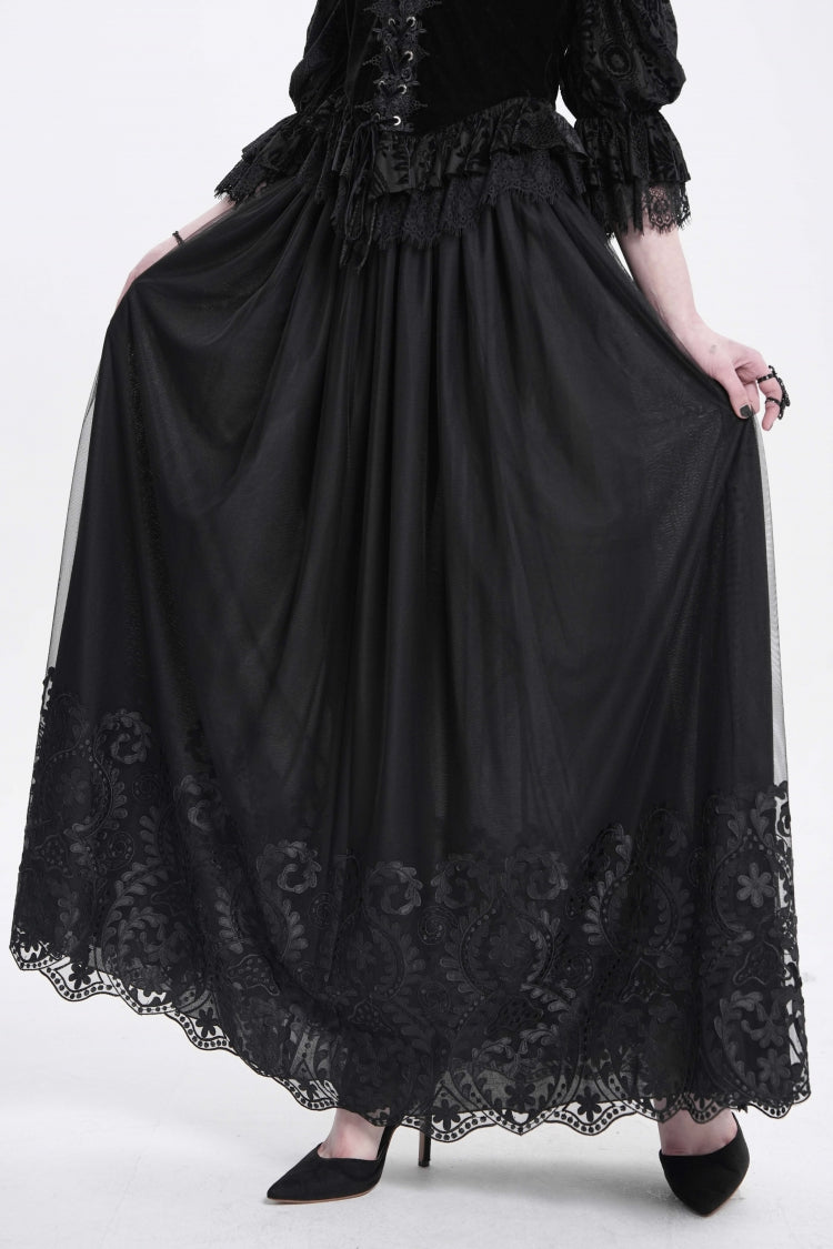 Women's Gothic Floral Mesh Skirt with Black Stitching