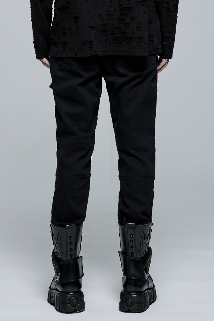 Steampunk Men's Trousers with Faux Leather Stitching and Metal Buttonhole