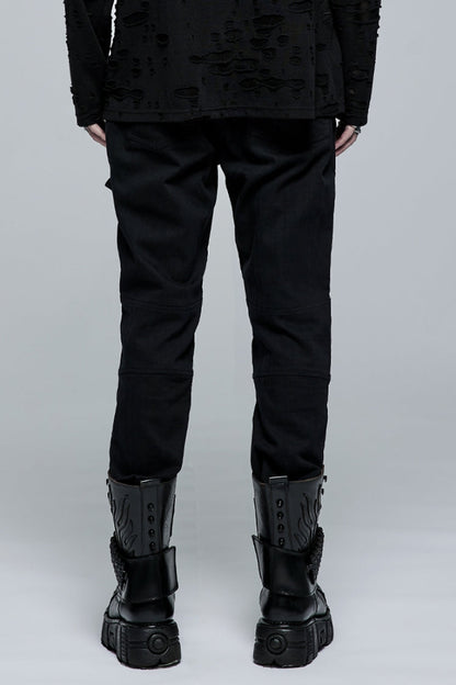 Steampunk Men's Trousers with Faux Leather Stitching and Metal Buttonhole