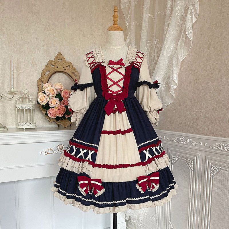 Robe Lolita à lacets avec nœud rouge et décoration