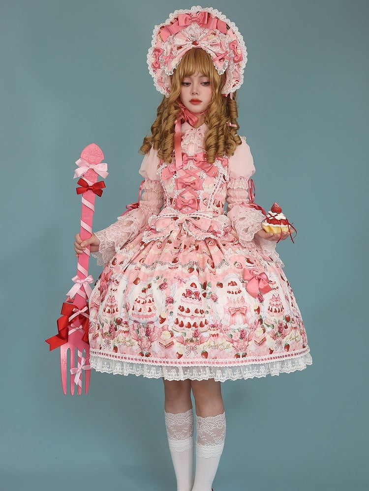 Strawberry and Desserts Print Pink Sweet Bow Accents Lolita JSK / Full Set