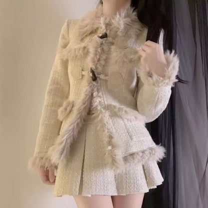Set Mini Coat Fuzzy Pleated Skirt Elegant Lapel