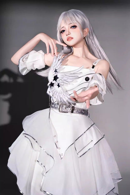 Asymmetric Futuristic Punk Jumper Dress Set - White Silver Wings
