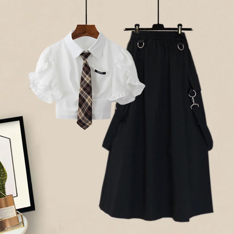 Chic Pocket Lapel Tie T-Shirt Suspender Skirt Set