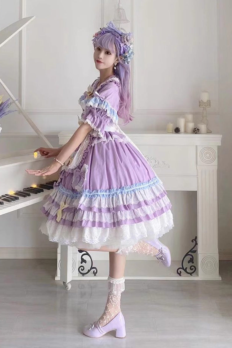 Purple Star Sugar Short-Sleeved Multi-Layer Ruffled Bow-Trim Sweet Lolita Dress