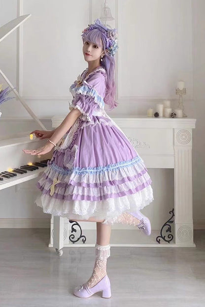 Purple Star Sugar Short-Sleeved Multi-Layer Ruffled Bow-Trim Sweet Lolita Dress