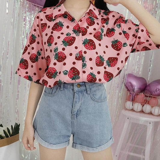 SpreePicky Rosa Kawaii Erdbeerbluse S12690