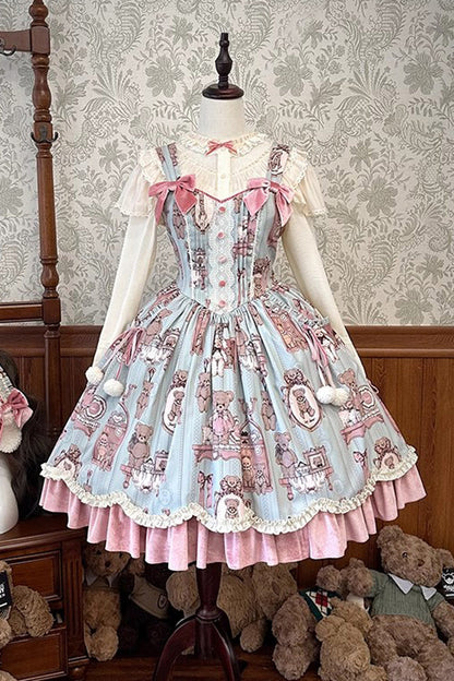 Pink/Green Sweet Lolita Bear Doll Print Ruffle Embroidery JSK Dress