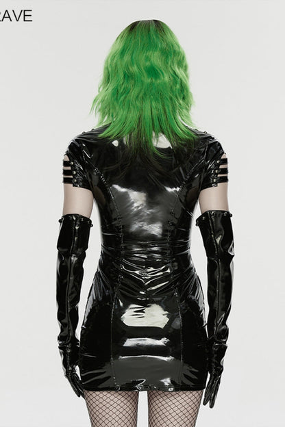 Stand Collar Short Sleeve Spliced Lace-Up Slim Mesh Buckled Punk Dress