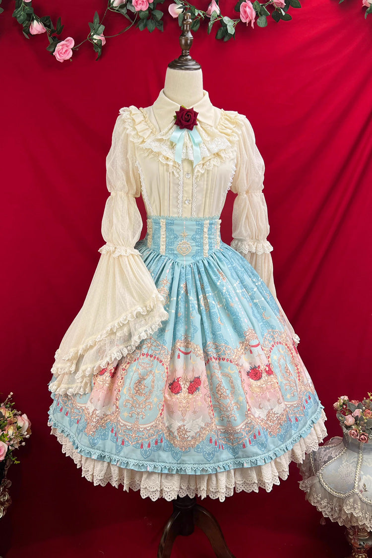 Ruffle-Embroidered Palace Skirt with Lace and Print