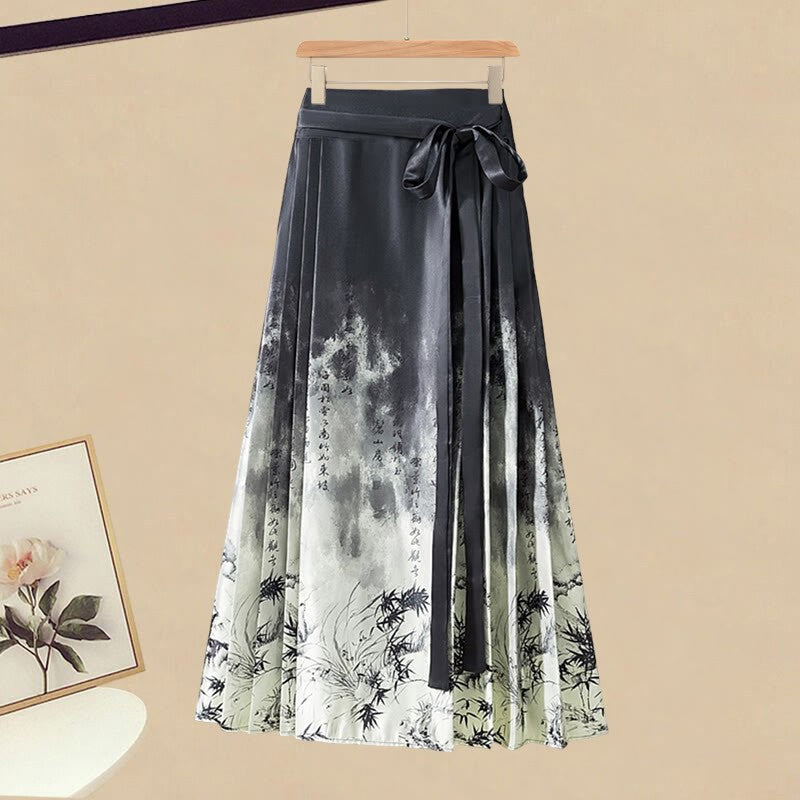 Tassels Vintage Waist Print T-Shirt High Bamboo Skirt Pleated