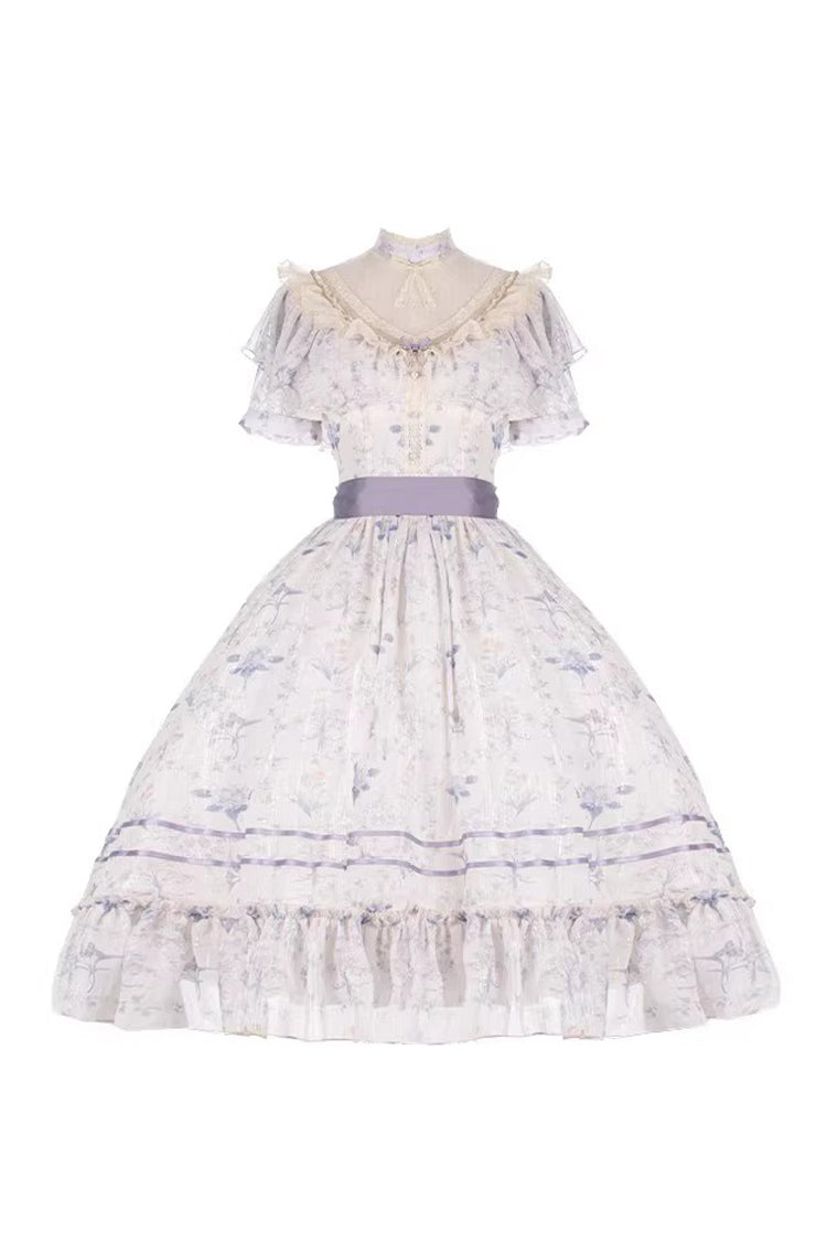Printed Bow Lace Sweet Elegant Dress - Purple Summer Flower Wall