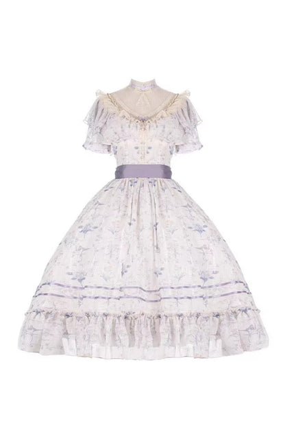 Printed Bow Lace Sweet Elegant Dress - Purple Summer Flower Wall