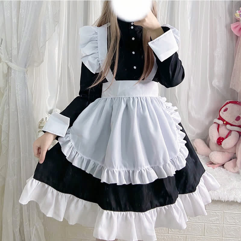 Robe de soubrette Lolita à volants et manches longues avec boutons noirs