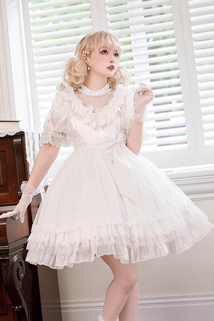 Ivory Multi-Layered Ruffled Hollow Bow Lace Vintage Lolita Dress