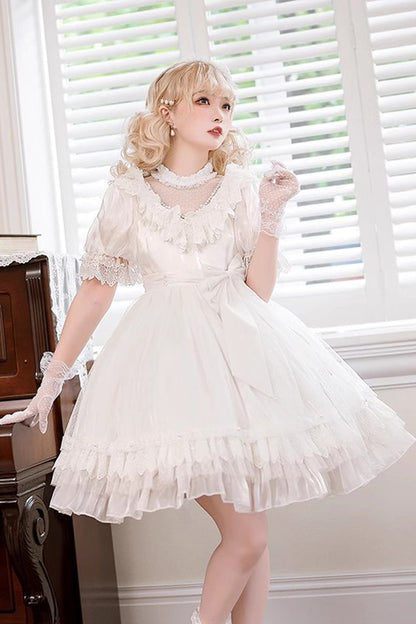 Ivory Multi-Layered Ruffled Hollow Bow Lace Vintage Lolita Dress