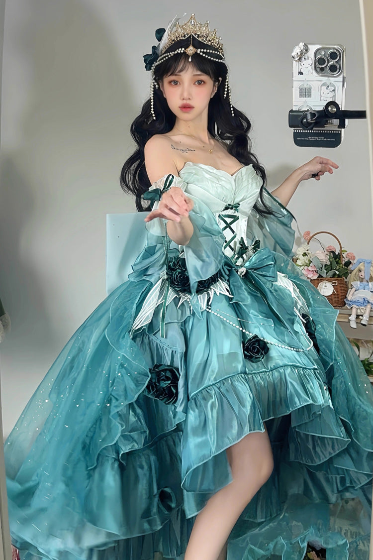 Amber Green Sweet Ballet Lolita Swan Wonderland Embroidery Lace-Up Asymmetric JSK Dress