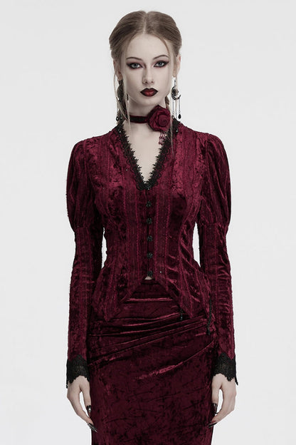 Crimson V-Neck Long Puff Sleeve Goth Blouse