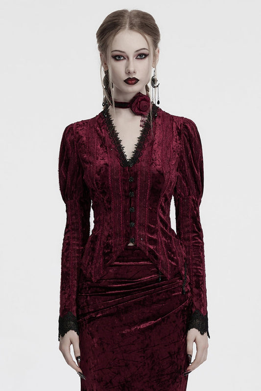 Crimson V-Neck Long Puff Sleeve Goth Blouse