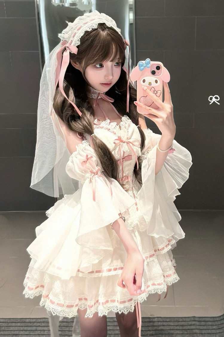 White Little Love Song Detachable Flared Sleeves Ruffle Bow Lace Sweet Set