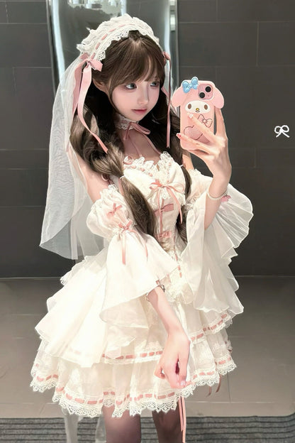 White Little Love Song Detachable Flared Sleeves Ruffle Bow Lace Sweet Set