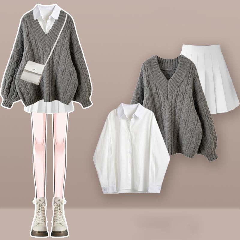 V-neck Cable Sweater Lapel Shirt Pleated Skirt Set