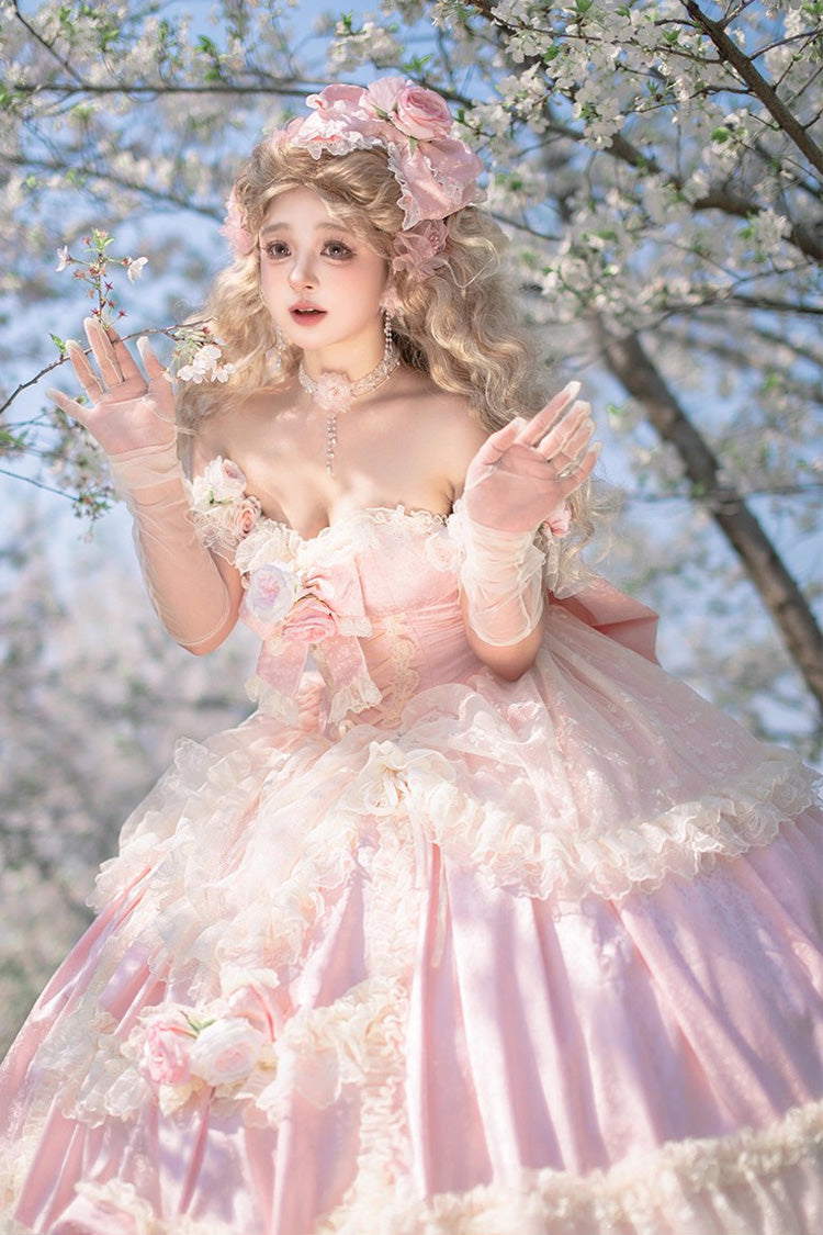 Pink Ruffle Bridal Bow Lace Sweet Princess Lolita Jumper - Love and Roses